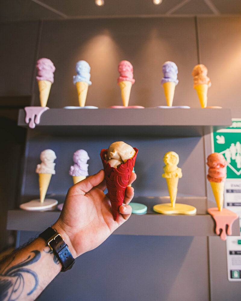 Ice cream cones on shelves at Lick Me Till Ice Cream.